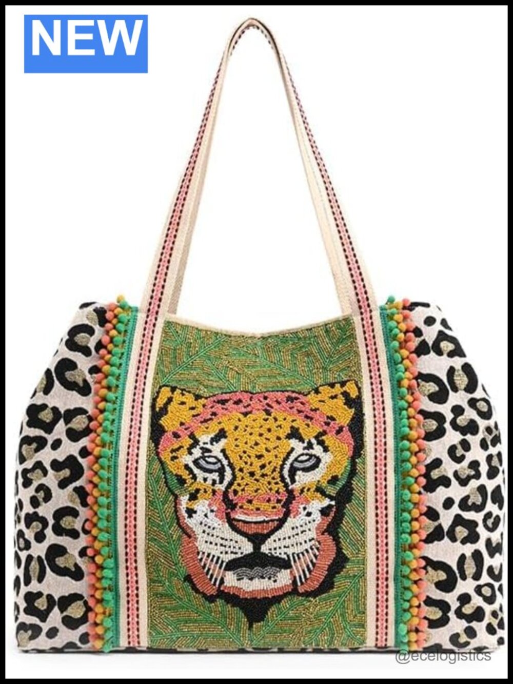 Hand-Beaded Leopard Tote Bag with Pompom Embellished Handle for Women